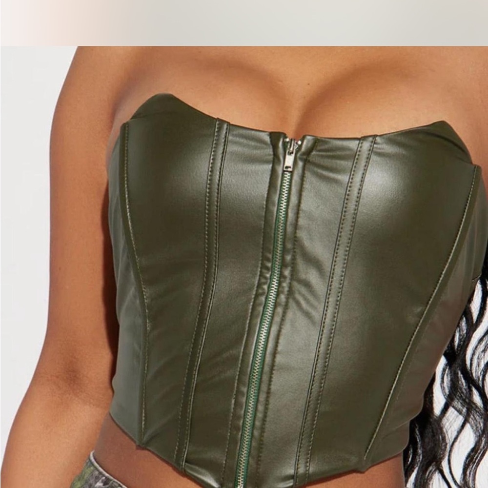 Strapless Olive Green Faux Leather Corset Top